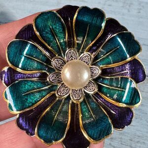 Vintage West German Guilloche Enamel Flower Brooch Faux Pearl MCM